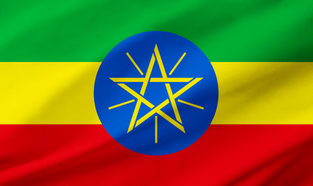 Background detail of Ethiopia flag occupying the entire frame with waving fabric texture.の写真素材