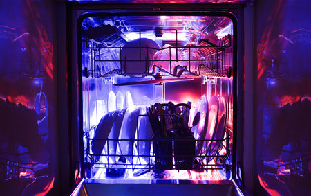 Detail of the interior of a stainless steel dishwasher with two wire shelves filled with crockery, cutlery and kitchen utensils illuminated with blue and red backlighting and reflections on the sides. Front view.の写真素材