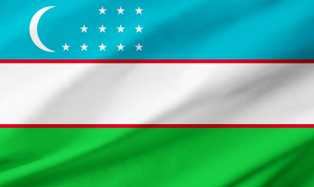 Background detail of Uzbekistan flag occupying the entire frame with waving fabric texture.の写真素材