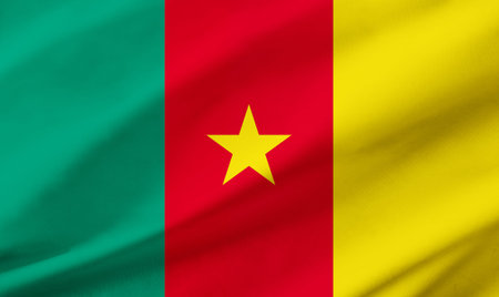Background detail of Cameroon flag occupying the entire frame with waving fabric texture.の写真素材