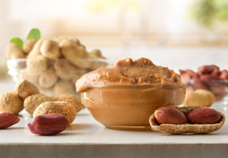 Detail of a glass bowl filled with peanut butter on a white kitchen bench with fruits and a bright...