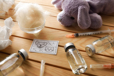 Concept of childhood vaccination against pet dander and hair with vials and syringes on a wooden...