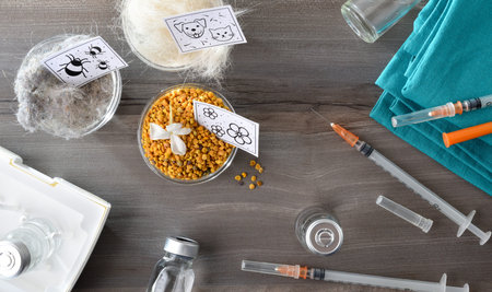 Detail of background with syringes and doses for vaccination and bowls with different allergens such...