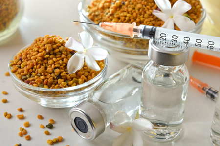 Detail of vials containing vaccine for the treatment of seasonal allergic rhinitis caused by pollen...