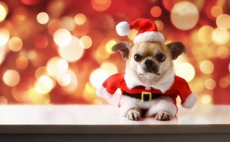 Chihuahua dog dressed as Santa Claus with suit and hat, lying on a white base and background with red bokeh. Front view.の写真素材