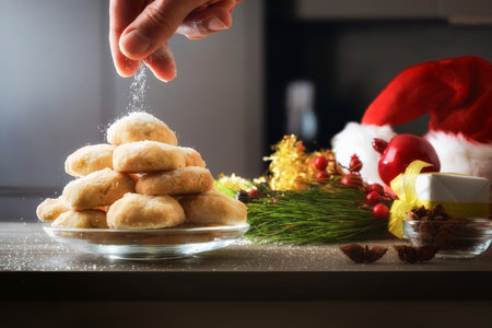 Hand sprinkling sugar over a stack of anise cookies in a glass dish on a bench with Christmas decorations and a dark kitchen background. Front view.の写真素材