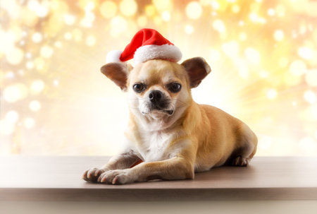 Chihuahua dog dressed with Santa Claus hat lying on a wooden base and background with golden bokeh. Front view.の写真素材