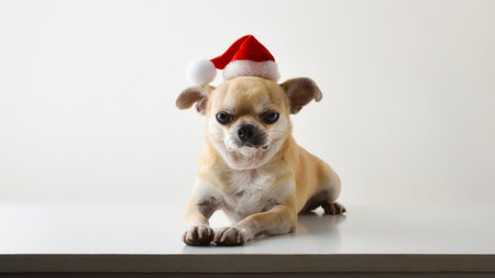 Portrait of a Chihuahua dog looking straight ahead, lying on a white base with a Santa hat and white isolated background. Front view.の写真素材