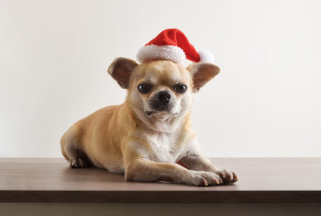 Portrait of a Chihuahua dog looking straight ahead, lying on a wooden base with a Santa hat and isolated on a white background. Front view.の写真素材