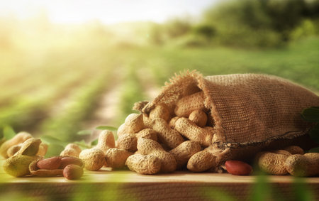 Sack full of peanuts in shell on wooden table and nature background with harvest. Front view.の写真素材