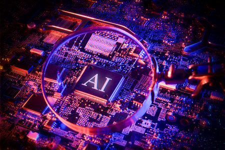 A magnifying glass highlights an AI-labeled microchip on a glowing circuit board, symbolizing...