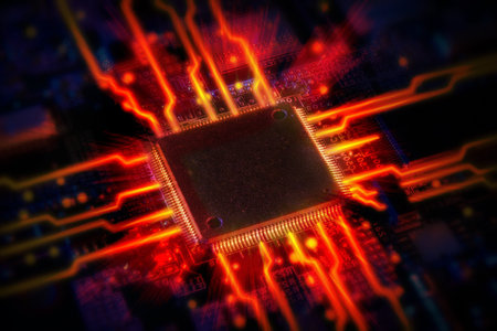 Close-up of a glowing microchip on a circuit board, symbolizing advanced computing, artificial...