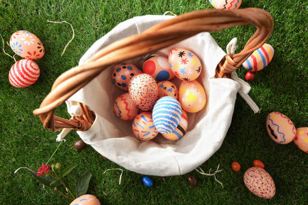 Basket of Colorful Easter Eggs Top View