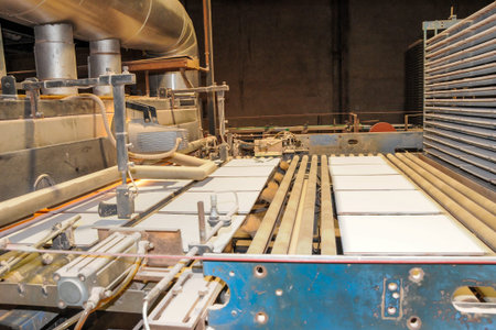Ceramic tiles move along rollers into a high-temperature industrial kiln inside a factory. Automated...