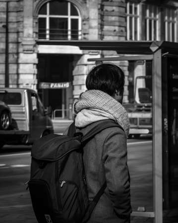 Black and white photo of a citizen on the streets of Budapestのeditorial素材