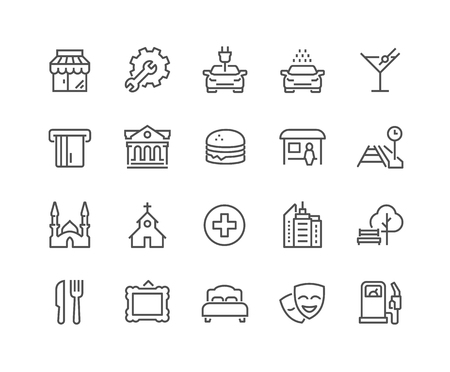 Simple Points of Interest Related Line Icons. Contains such Icons as Food, Park, Museum, Hotel, Hostel, Bus Stop, Railway Station and more. Editable Stroke. 48x48 Pixel Perfect.のイラスト素材