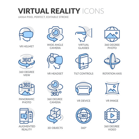 Simple Set of Virtual Reality Related Color Vector Line Icons. Contains such Icons as VR Helmet, 360 Degree Camera, Panoramic Photo and more. Editable Stroke. 64x64 Pixel Perfect.