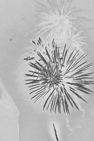 A black and white sketch of fireworks