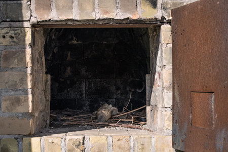 Old brick oven in an abandoned house, close-up. The concept of heating and ventilationの写真素材