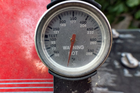 Close up of a temperature gage on a barbequeの写真素材