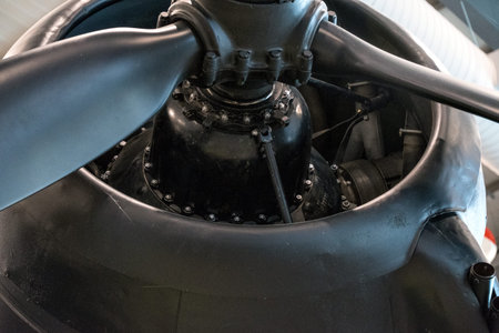 Close up of the propeller of a turboprop engine.