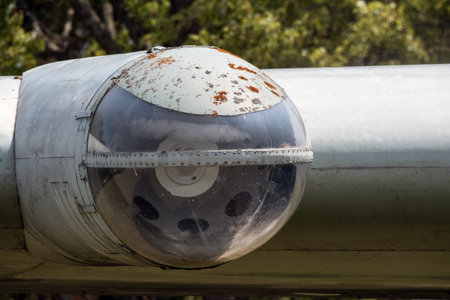 A glass bubble on an airplane wingの写真素材