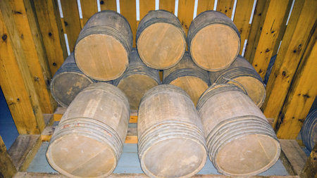 Old wooden barrels in the cellar of a winery or winery