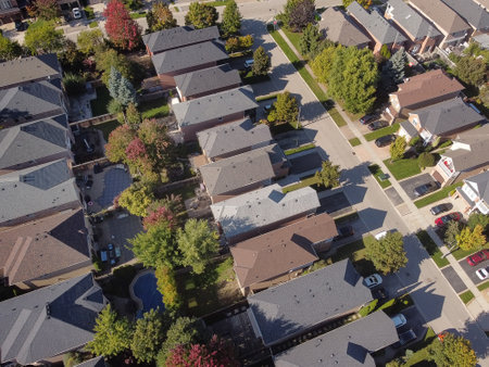 Aerial view of a residential neighborhood in the United States of Americaの写真素材
