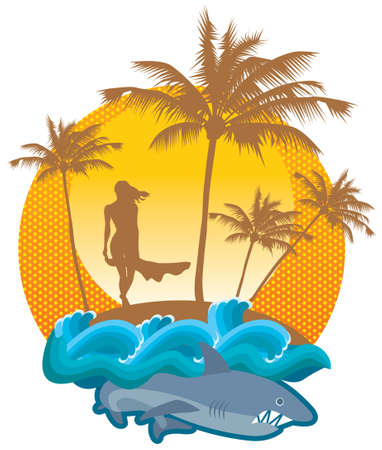 Girl & Shark. Vector.のイラスト素材