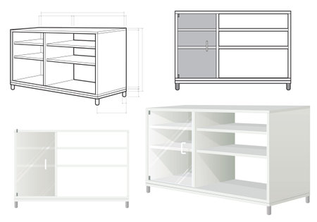 TV shelf. 4 drawings (dimension data, 3D, front basic and front).の写真素材