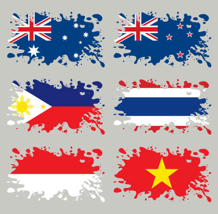 Splash flags set Australia & Eastern Asia. Each in separated layer, easy to use, without gradients and transparencies.のイラスト素材