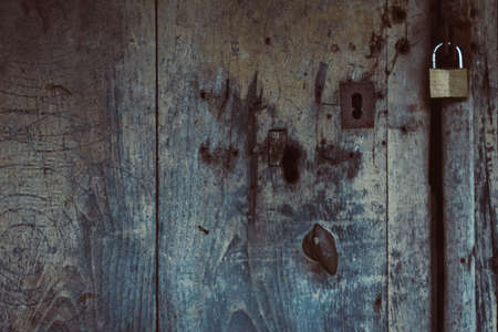 Old wooden door with rusty lock and padlock.の写真素材