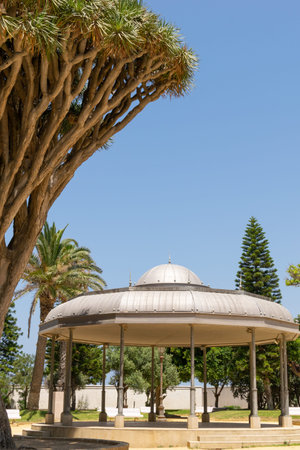 Cadiz Genoese park in summer. Garden with exotic plants and music kiosk. Andalusia, Spain