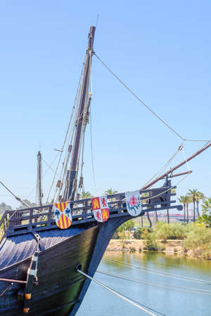 Caravels and ship with which Christopher Columbus ventured to discover the new world. At the dock of the caravels of La Rabida, in Huelva, Andalusia, Spainの写真素材