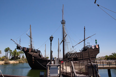 Caravels and ship with which Christopher Columbus ventured to discover the new world. At the dock of...