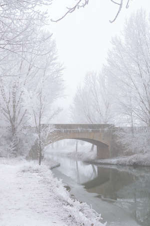 Castile Canal in winter with a strong frost. Valladolid, Castile and Leon, Spainの写真素材