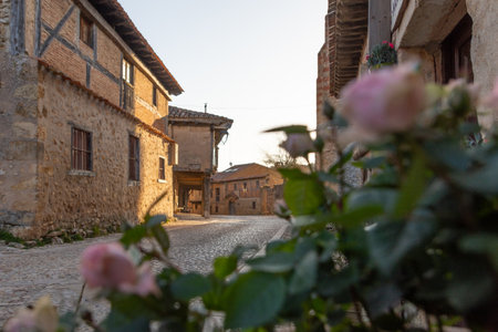 Arcades and old houses, typical medieval architecture in Calatanazor, Soria, Spain.の写真素材