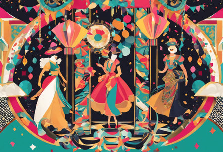 AI-generated Vibrant abstract illustration of women in colorful attire celebrating a festive event with lanterns and confetti.の素材