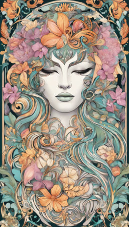 AI-generated Art Nouveau style illustration of a woman's face surrounded by vibrant flowers and flowing hair, embodying nature's beauty.の素材