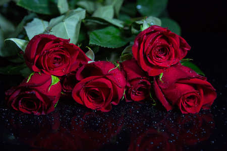 Beautiful flowers with water drops isolated on black backgroundの写真素材