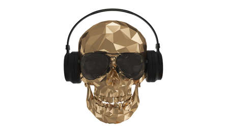 The golden low poly skull DJ with white backgroundの写真素材