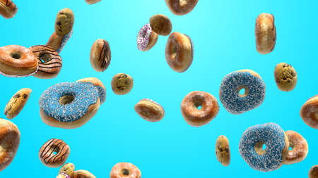 3D render Different donuts on a blue backgroundの写真素材