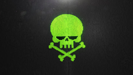 3d render Green Skull Digital background of the many squaresの写真素材