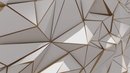 3d render White and gold abstract low poly triangle background 4k