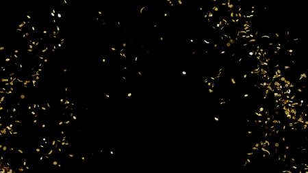 A fountain of golden confetti falling on the floor on an black backgroundの写真素材