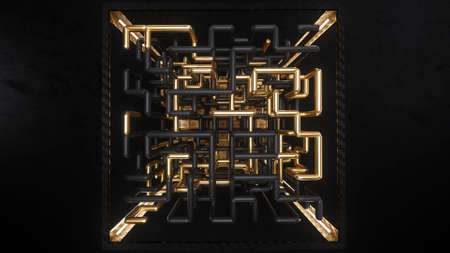 3d render cube with gold and black maze animation inside 4Kの写真素材