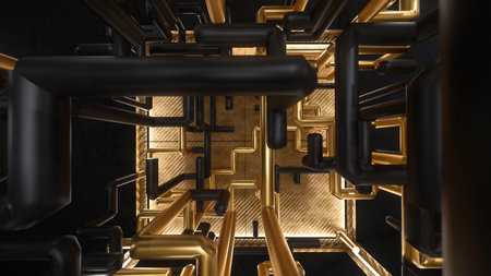 3d render cube with gold and black maze animation inside