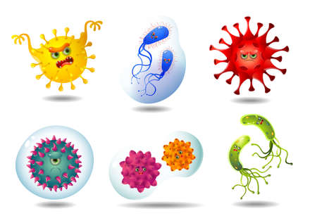 Six abstract cartoon viruses and bacteria ona a white backgroundの写真素材