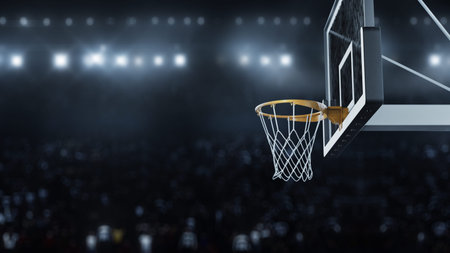 3d render Basketball hit the basket on the background of flashes of cameras
