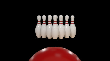 3d render Red bowling ball on a black background with pins